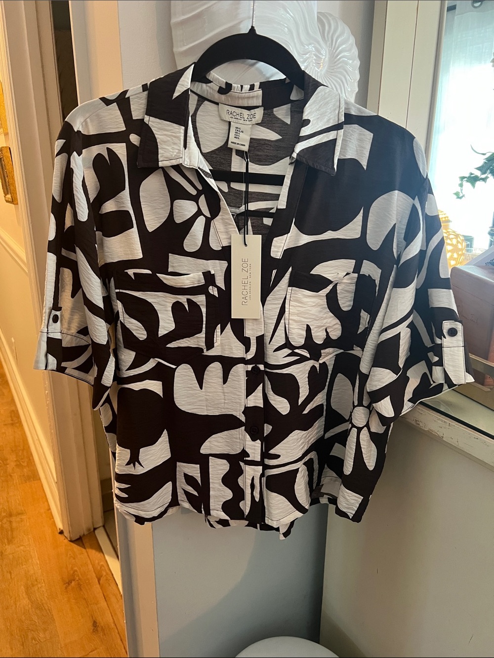 Rachel Zoe Dark Chocolate Brown Mod Print Top NWT